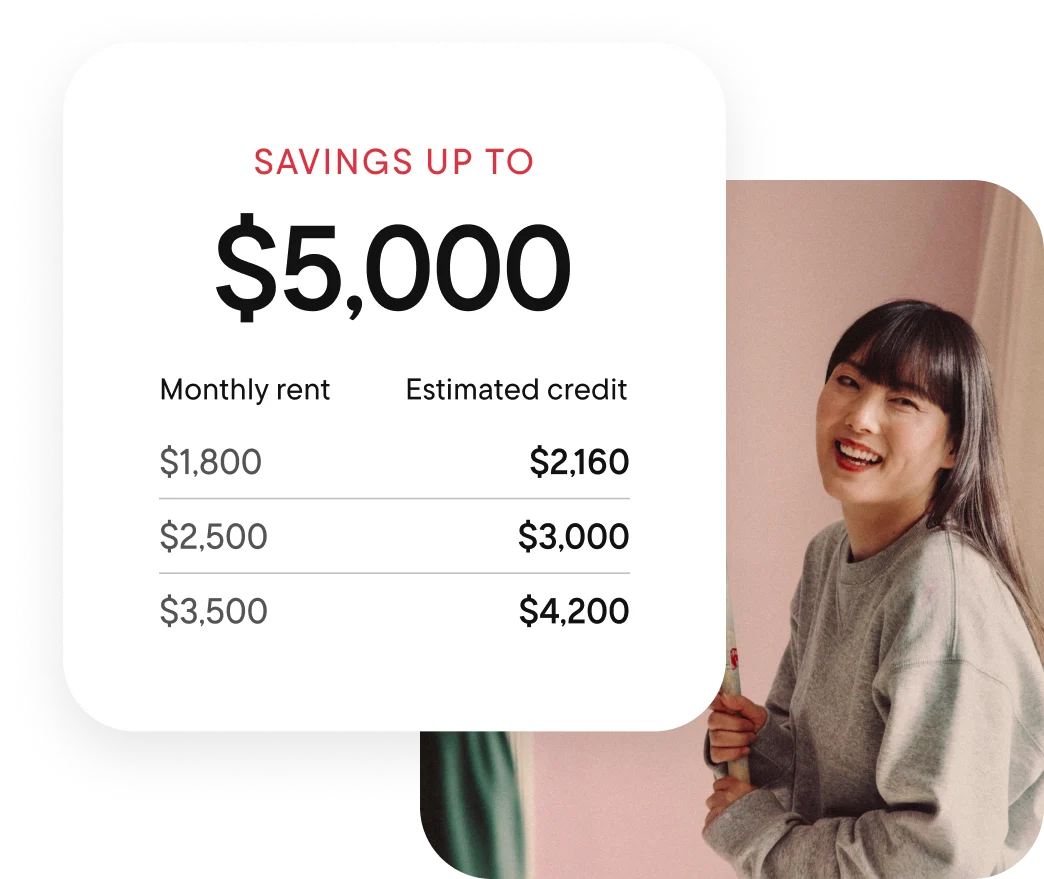 A woman with dark hair holds a paint roller while painting a pink room. A graphic states “Savings up to $5,000” with monetary amounts of estimated savings. 