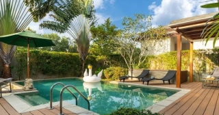 A backyard deck with an inviting pool and a swan pool float, surrounded by tropical plants.